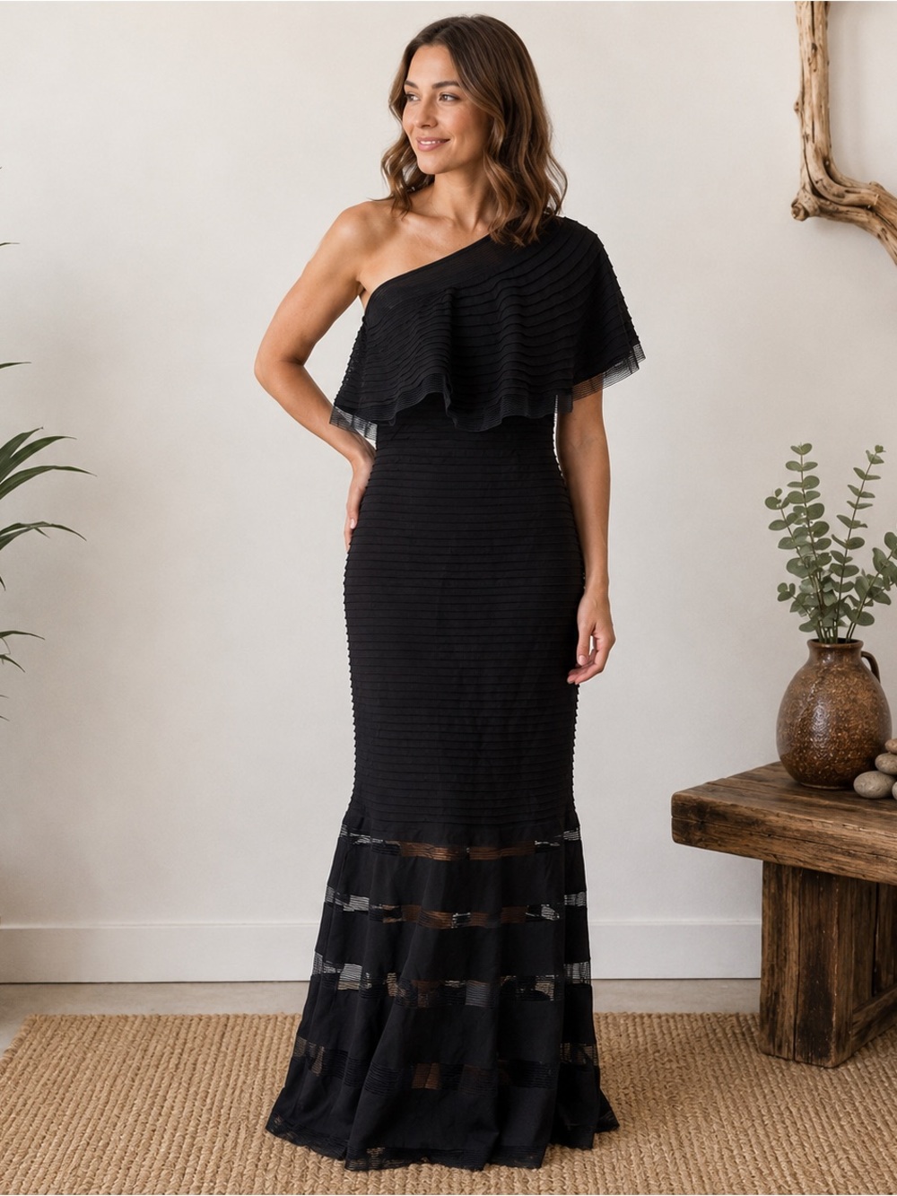 TADASHI SHOJI ONE SHOULDER Ruffle evening event GOWN Dress Size XS/S